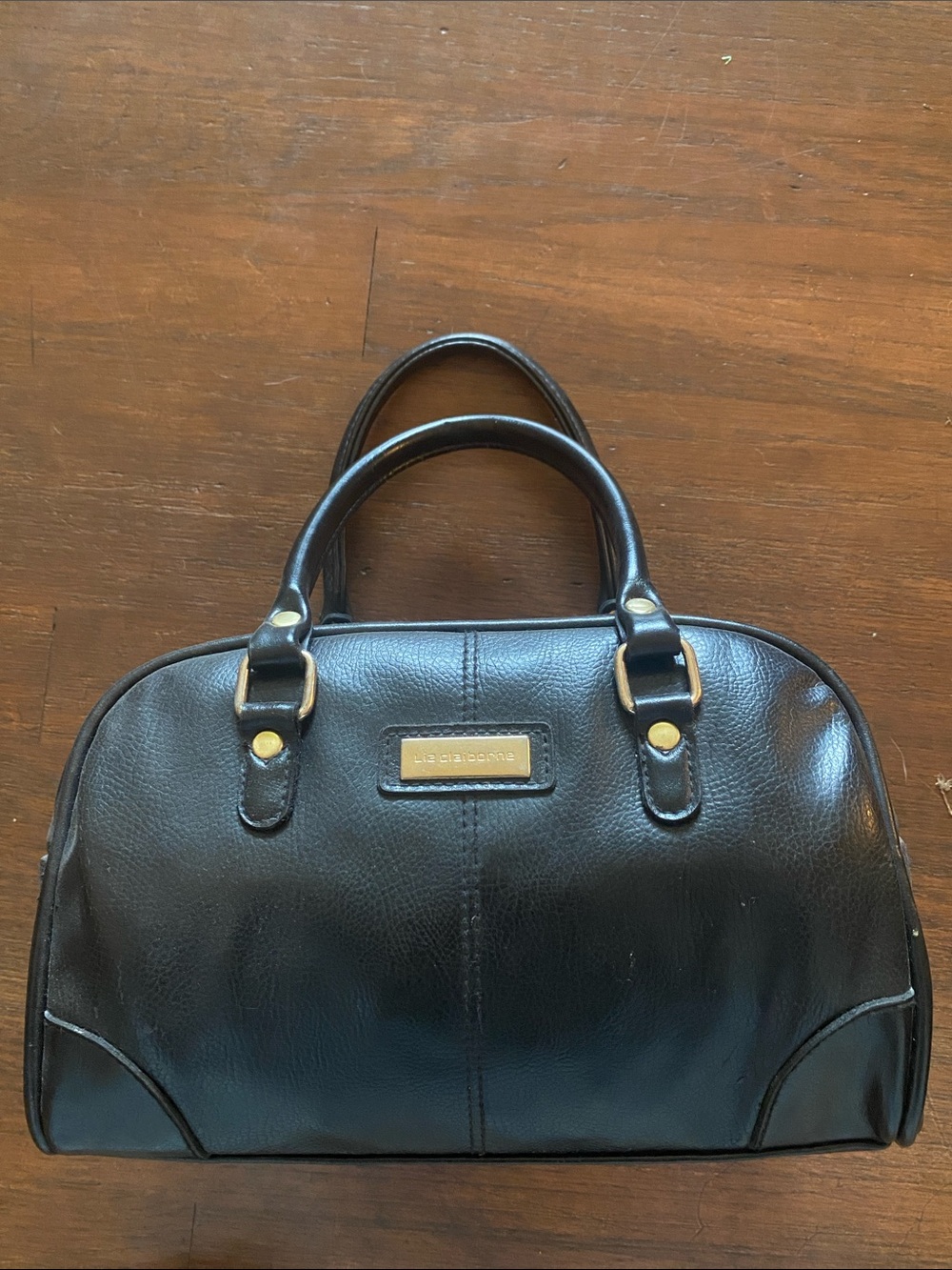 Liz Claiborne Black Leather Handbag with Gold Logo